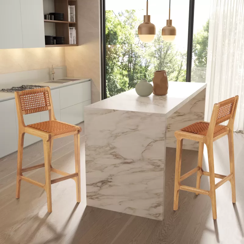 Banqueta em Madeira Corda Areia e Cores | Linha Traço - Espaço Casa e Jardim